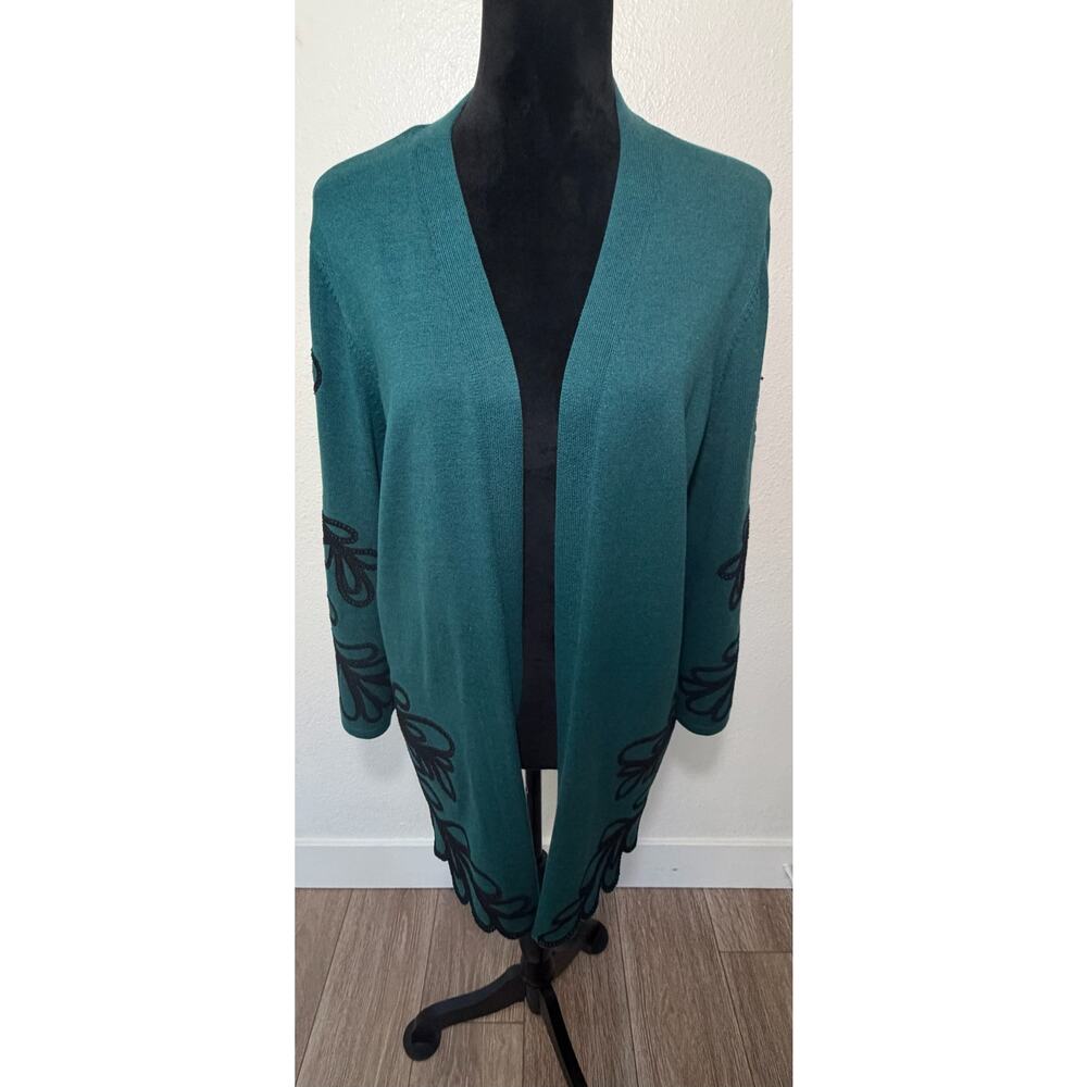 Chico’s Green Cardigan Black Embroidery 3/4 Sleeve Open Front Women’s Sweater